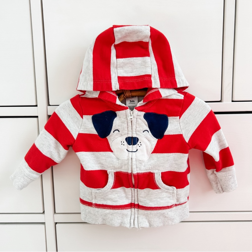 Carters 3 month red and navy puppy zip up baby hoodie